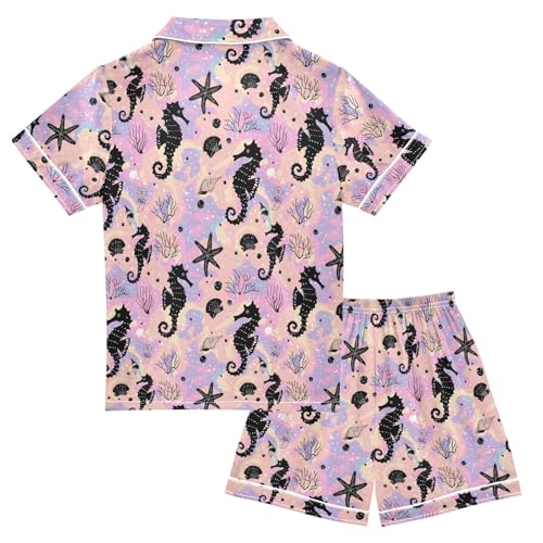 Black Seahorse Print Summer Satin Pajama Set, Cute Button-Down Sleepwear Pj Set for Sleep Wears2