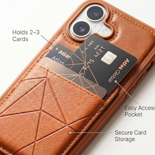 Image of amazon basics Premium Vegan Leather Back Cover with Card Holder and Integrated Mobile Stand for iPhone 17 - Slim Shockproof Wallet Case with Geometric Stitching [Tan]