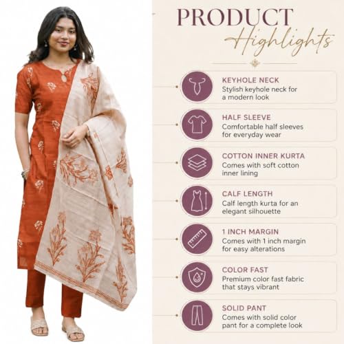 Image of Sun Fashion And Lifestyle Kurta Sets for Woman | Kurti Set | Women's 3 Piece Kurta Pant Dupatta Set |Chanderi Silk Kurta Woman | Elegant Suit for Women | Dupatta