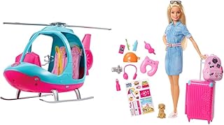 Barbie In Viaggio, Bambola Bionda Con Cucciolo, Valigia Che Si Apre, Adesivi E Accessori & Fwy29 L'Elicottero Per Bambole, Rosa E Azzurro Con Elica Che Gira, Giocattolo Per Bambini 3 Anni