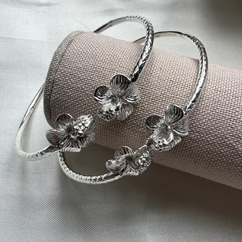 Flower Hibiscus Ends .925 Sterling Silver West Indian Bangles, 1 pair2