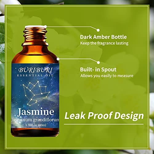 Image of BURIBURI Jasmine Essential Oil 100% Pure Undiluted Aromatherapy Jasmine Oil 100ML /3.38fl.oz for Soap, Candle Making, Massage, Diffuser, Humidifier