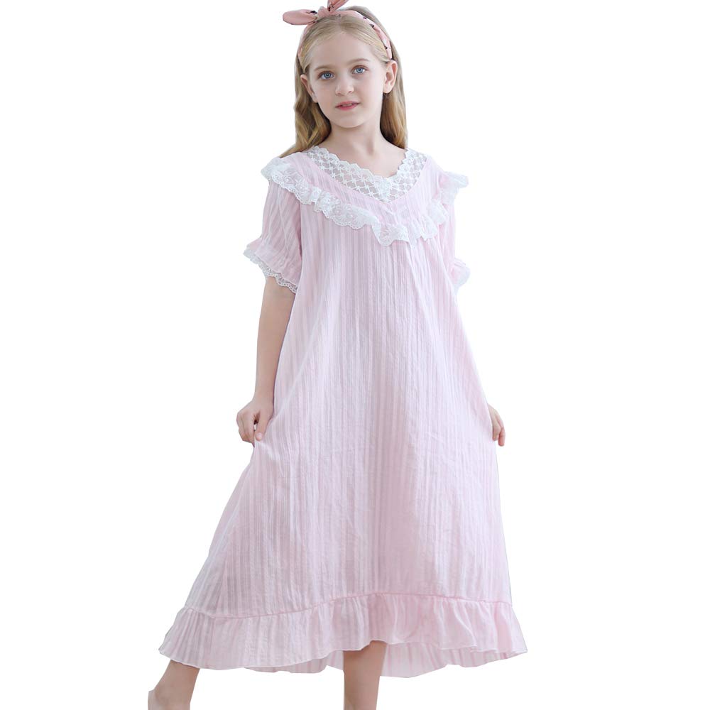 Flwydran Girls Pink Victorian Nightgown, Kids Toddler Sleep Dress Princess Nightwear For 3-12 Year