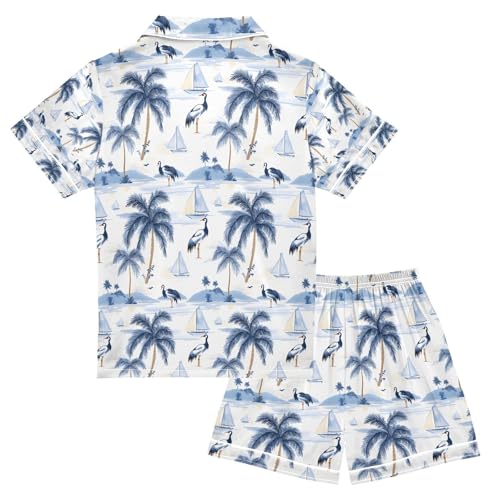 senya Blue Palm Tree Sailboat Crane Satin Summer Pajama Sets Silk Short Sleeve Button Down Sleepwear2