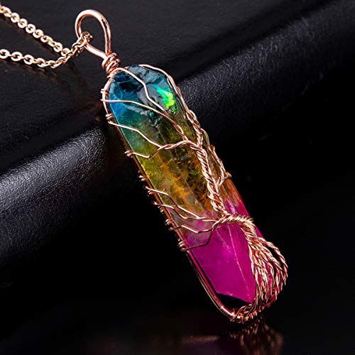 Bivei Tree of Life 7 Chakra Gemstone Copper Wire Wrap Irregular Clear Quartz Point Crystal Pendant Necklace(Rose Gold Plated Titanium Coated Multi Color)