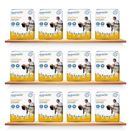 Image of Everactiv Adult Diaper Medium Size M Leakproof for Waist 28-45 inch with 10 hr Absorption Protection and Wetness Indicator, Unisex with Goodness of Aloe Vera, 120 Units, Pack of 12