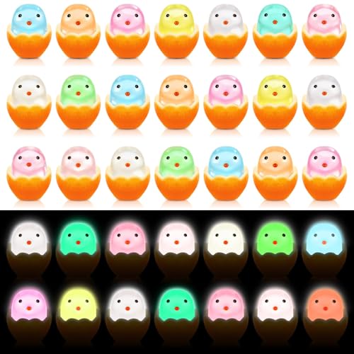 JUNEBRUSHS 50 Pcs Easter Mini Chicks, Glow in The Dark Resin Chicken Figurines Luminous Shelled Chicken Egg Miniature for Easter Party Favors Basket Filler Home Decor Dollhouse Landscape