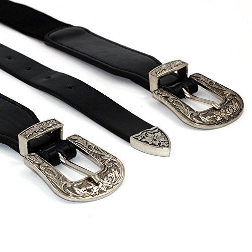 Womens Retro Carved Double Buckle Elastic Belts Western Leather Flex Belt4
