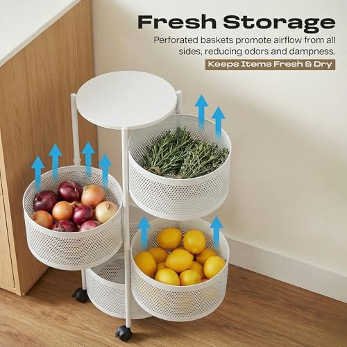 Image of Metal Multi-Purpose Trolley Kitchen Storage Organizer Rack Stand with 360 Wheels | 4 Layer Round Design | Kitchen Accessories Items for Fruit Vegetable Onion Rack for Kitchen (White)
