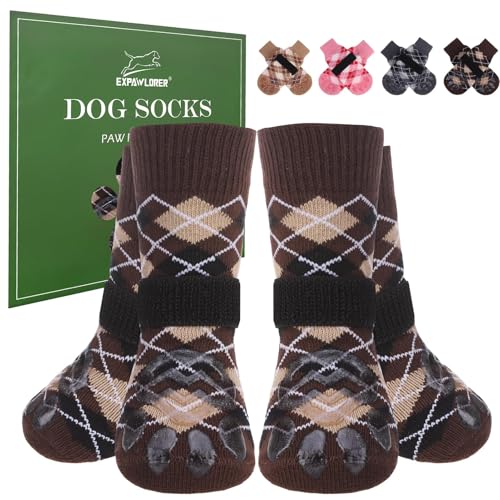 EXPAWLORER Dog Socks to Prevent Licking Paws,Dog Shoes for Hot Pavement,4 Pcs Double Sided Anti Slip Dog Socks with Grippers,Dog Booties for Small Medium Large Senior Dogs,British Style,Brown XL