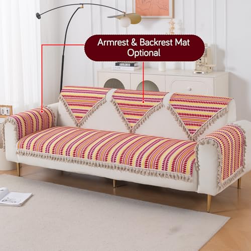Image of HOKIPO 'Artisan Boho Series' Sofa Cover Mat with Tassel | 450 GSM Cotton Acrylic Jacquard for 3 Seater Sofa, Ruby Red (IN-904-A6*S)