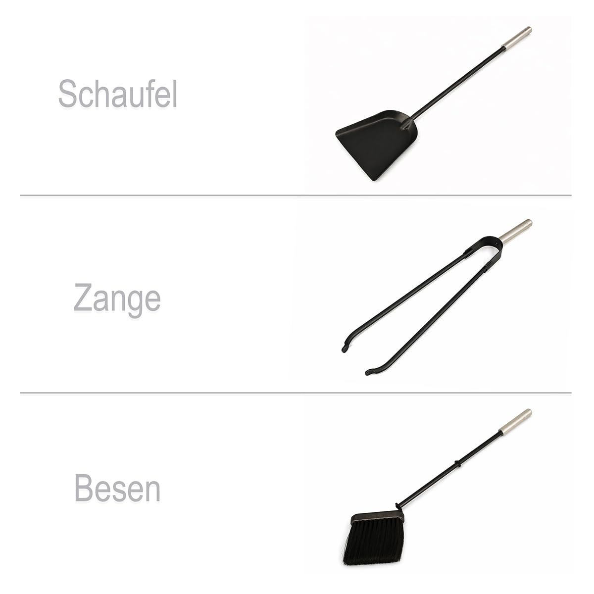 MS Beschläge Kaminbesteck 4-teilig schwarz pulverbeschichtet - Stahl Ofenbesteck mit Behälter & Edelstahlgriffen - Kamingarnitur modern Kamin Zubehör mit Zange Schaufel Besen - Kaminofen-Set elegant