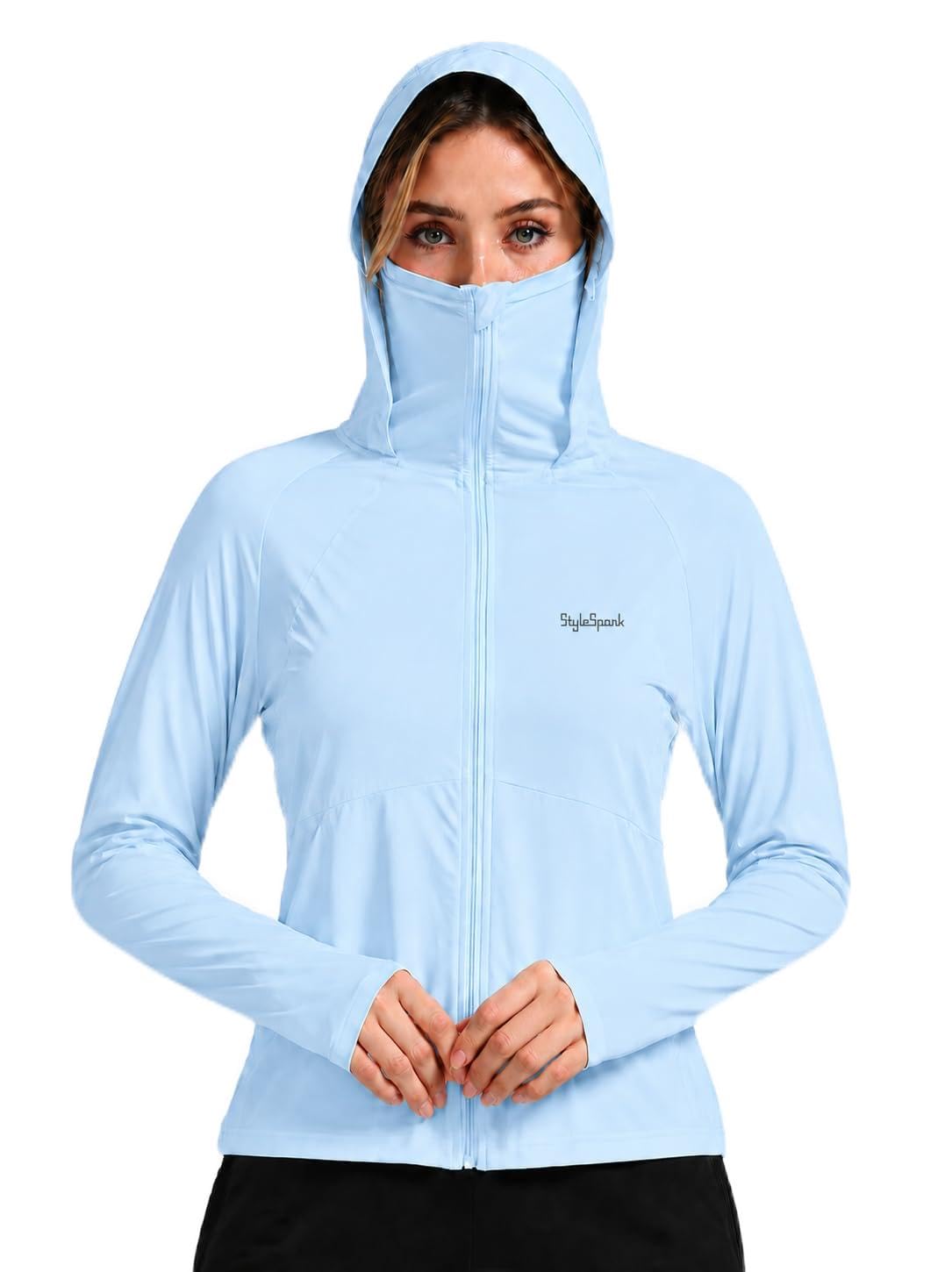 Women's UPF 50+ UV Protection Jacket, Lightweight Long Sleeve Sun Protective Clothing with Full Zip Hood, Outdoor Sunscreen Jacket for Hiking, Running, Cycling & Travel (SkyBlue 1 Set)-picture-14