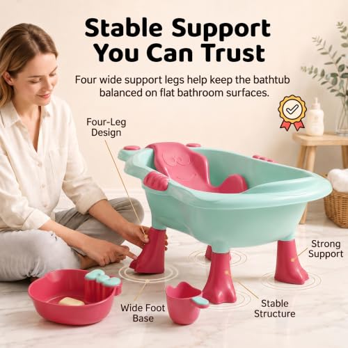 Image of StarAndDaisy Baby Bath Tub for 0 to 5 Years with Bathing Accessories Tray & Mug | Baby Bather for 0 to 2 Years | BPA Free Baby Bath tub for Kids 0-3 Years with 4-Leg Support (Green-Pink, Bathtub with Legs)