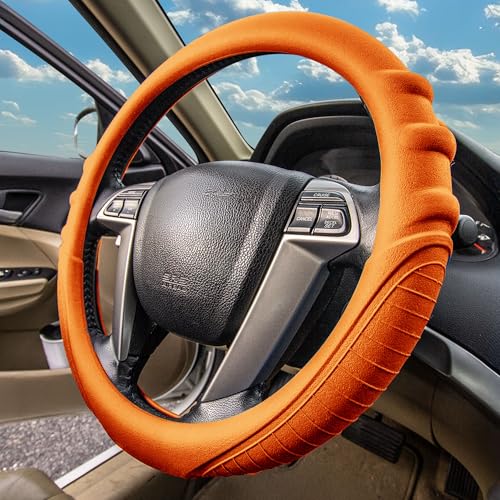 Image of FH Group Steering Wheel Cover (Silicone W. Grip & Pattern Massaging grip Orange Color-Fit Most Car Truck Suv or Van) Orange