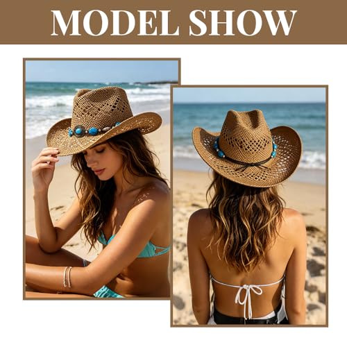 Image of Western Straw Cowboy Hats Cowgirl Hat for Holiday Woven Beach Sun Hat with Shapeable Wide Brim Cowboy Hat for Women's /Men's