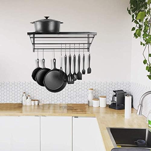 Wall Mounted Kitchen Rack | Wall Mounted Pots & Pan Storage | Utensil Holder | Metal Saucepan Rack | 10 Hanging Hooks | Spice Jar Shelf | M&W