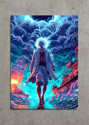 Image of NIJUKA Anime Printed A4 Size Metal sheet Poster For Home And Room Decoration | For Anime Art Fans Boys And Girls (Luffy White God Form)