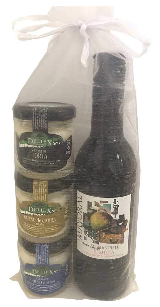 Regalo de vino Jumilla Mayoral con 3 tarros de varios sabores de quesos para tus eventos (Pack 24 ud)