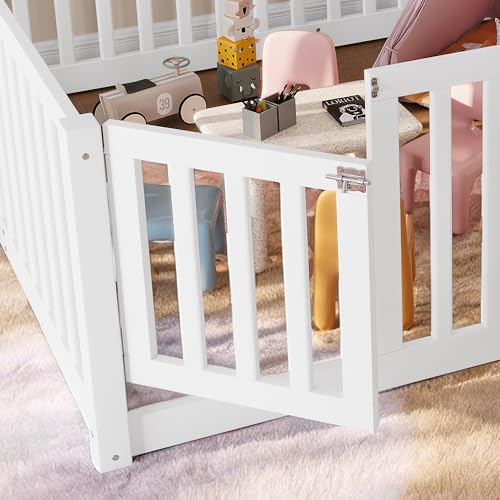 Image of Bellemave Full Size Kids Montessori Floor Bed with Door,Solid Wood Floor Bed Frame with High Fence for Girls,Boys,White