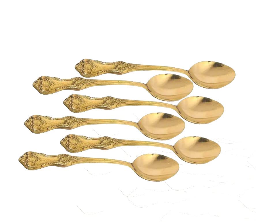 BONA FIDE - Unit of signature metal exports Brass Spoon Pure Brass Spoon Set 6 Brass Table Spoon, Serve Ware Tableware Size 7 inch Long peetal chamcha