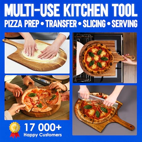 Image of KitchenStar 14-Inch Acacia Wood Pizza Peel - Large Wooden Cutting & Serving Board with Handle - Natural Oil Finish - Ideal Pizza Oven Accessory for Easy Sliding & Prep