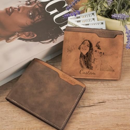 Custom Wallets for Men, Personalized Men's Wallet, Engraved Photo&Name Wallets, Customized Souvenirs for Husbands Fathers Boyfriends (Dark Khaki Letter)4