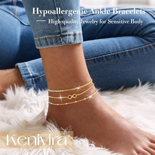 Image of Kenivira Sterling Silver Ankle Bracelets for Women,Gold Dainty Layered Waterproof Anklet for Women, Anklet Set Stackable Beach Gift Adjustable Size