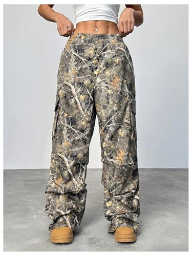 OYOANGLE Women's Camo Print Baggy Cargo Pants Elastic Waist Flap Pocket Straight Leg Trousers Streetwear4