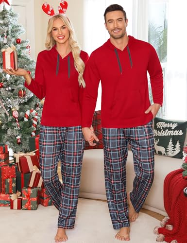 SWOMOG Couples Christmas Matching Pajamas Set Women & Men Long Sleeve Sleepwear Hooded Top Plaid Pants Pjs Men Red XX-Large2