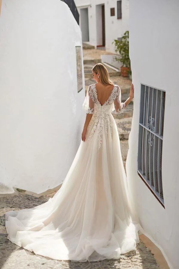 Dexinyuan Romantic Lace Wedding Dresses for Bride 2025 Half Sleeve Tulle A Line Beach Bohemian Bridal Gowns for Women2