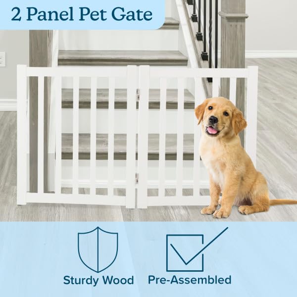 Freestanding Dog Gate - 2-Panel Foldable Indoor Pet Fence - 40x24-Inch Wood Dog Gate for Stairs, Hallways, or Doorways by PETMAKER (White)