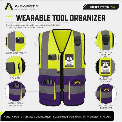 Image of A-SAFETY Hi-Vis Safety Vest with Mic Tabs, Front Zipper, Yellow /Purple, XS