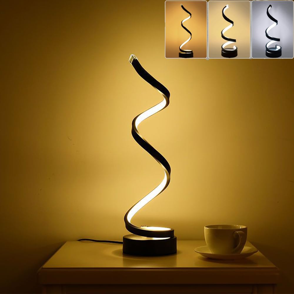 Mengjay LED Lámpara de Mesita Regulable, Espiral Lámpara de Noche, Moderna Decoración Lámpara de Mesa, 3000K/4500K/6000K (Blanco Cálido/Natural/Frío) para Oficina Sala de Estar (Negro)