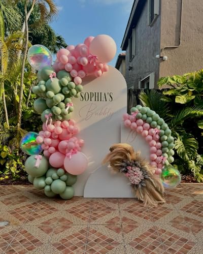 Image of 152Pcs Pink and Green Balloon Garland Arch Kit - Sage Green and Pink White Sand Gold Different Size Balloons for Girl Baby Shower Wedding Birthday Jungle Safari Woodland Party Decorations