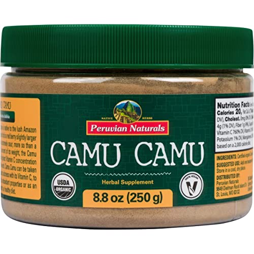Peruvian Naturals Camu Camu Powder - 8.8 oz (250 g) Health Food - Certified Organic Camu Berry Powder - High Source of Vitamin C - Raw Camu Camu Powder for Smoothies, Drinks, Desserts