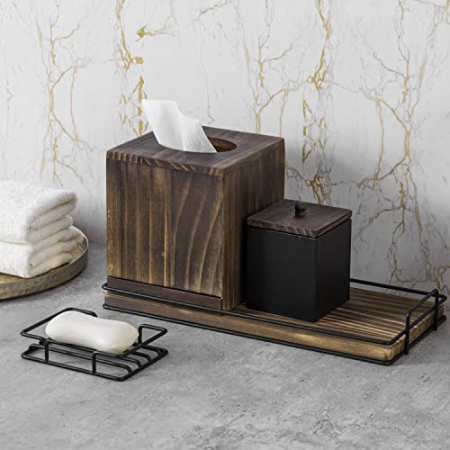 MyGift 4 Pc Bath Accessories Set, Rustic Burnt Wood and Industrial Matte Black Metal Bathroom Combo Set - Tissue Box Cover, Soap Dish, Cotton Swab Holder, Vanity Tray - Image 3