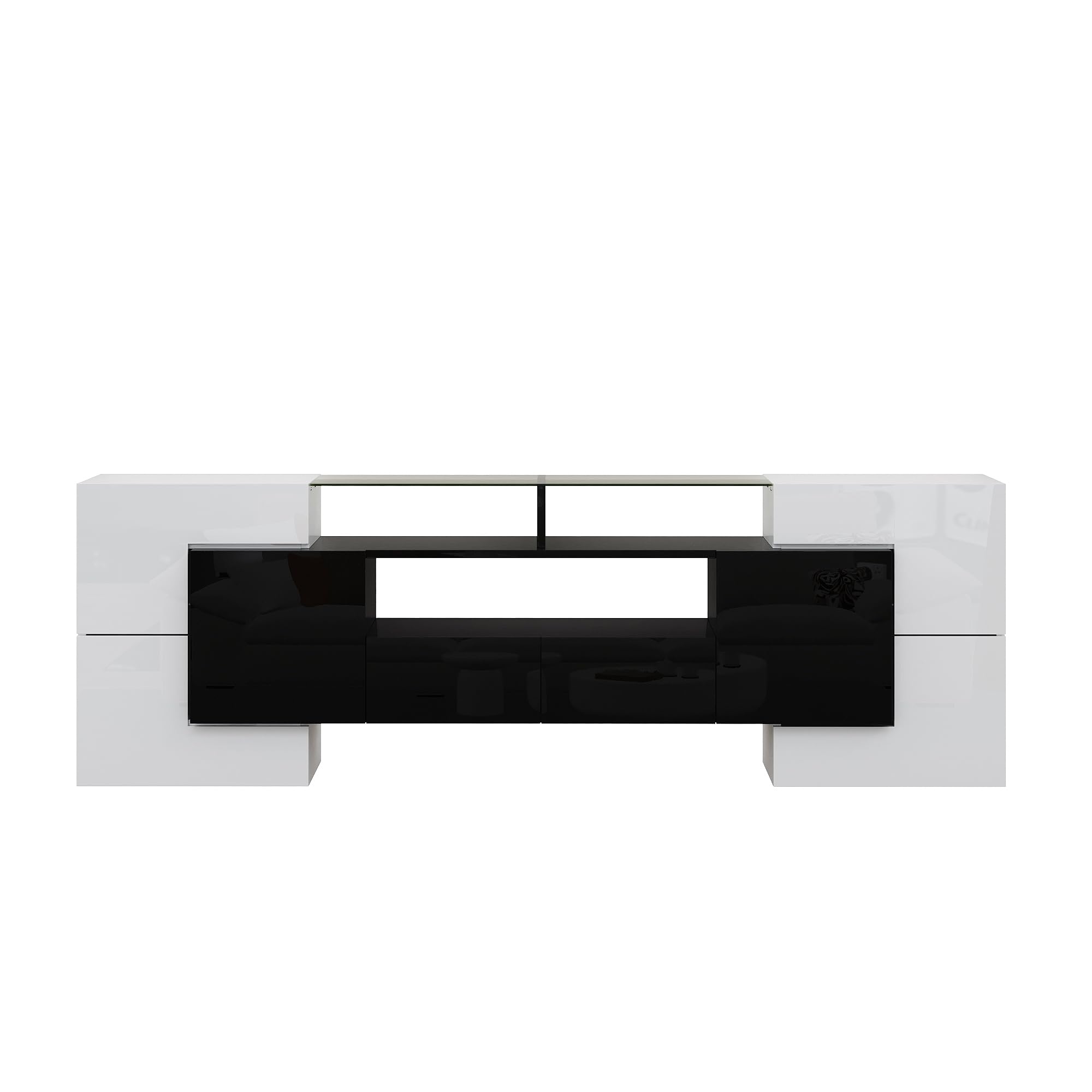Elegante mueble de TV, panel bajo, iluminación LED, muebles de salón, diseño moderno, blanco brillante y negro, 200 x 35 x 60 cm
