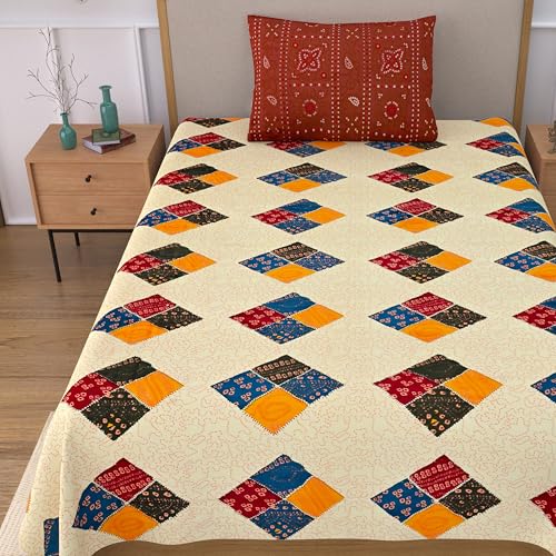 Image of 100% Cotton Single Bedsheet with 1 Pillow Cover | 240 TC Pure Cotton Flat Bed Sheet | Traditional Jaipuri Printed Bedding Set | Soft & Breathable | 60 x 90 Inch (Rangmahal Single 71)