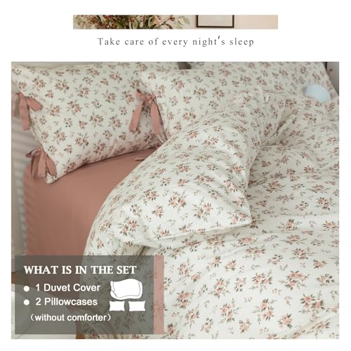 VM VOUGEMARKET Peach Flower Bedding Set King Chic Girls Floral Duvet Cover with Zipper Closure 100% Cotton Blush Pink Comforter Cover Set(3 pcs,104x90)
