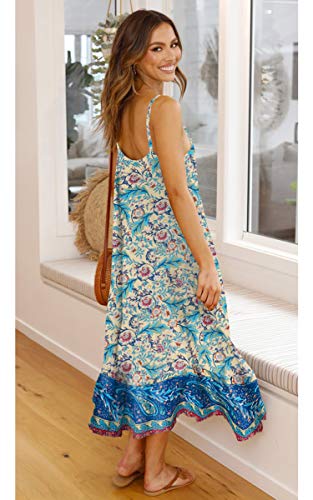 Image of Angashion Women's Dresses Floral Adjustable Spaghetti Strap V Neck Boho Long Maxi Dress Summer Beach Flowy Ethnic Sundress