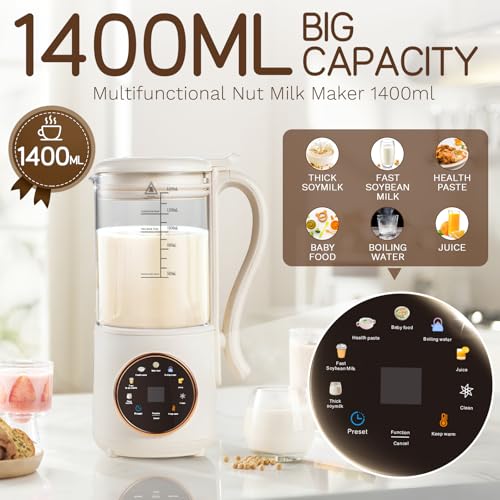 Sojamilch Hersteller, 1400ml Entsafter mit 12 Klingen, 8 Programme, One Touch-Steuerung, BPA-frei Durchsichtiges Krug, Hafermilch Maschine für Nüsse Sojabohnen Getreide – Bild 3
