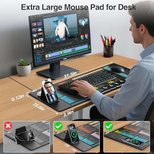 Image of Wireless Charging Mouse Pad with Foldable Phone Holder, 31.5 inchx15.8 inch XXL Excel Cheat Sheet Desk Mat for Laptop /Keyboard, Waterproof Ultra-Smooth Surface, Non-Slip Base