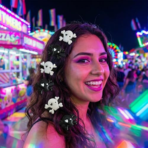 Ipetboom 2 pares pinzas para cabello estilo calavera gótica esqueleto para mujeres y niñas, plásticas, para Halloween, colores blanco y negro miniatura 6