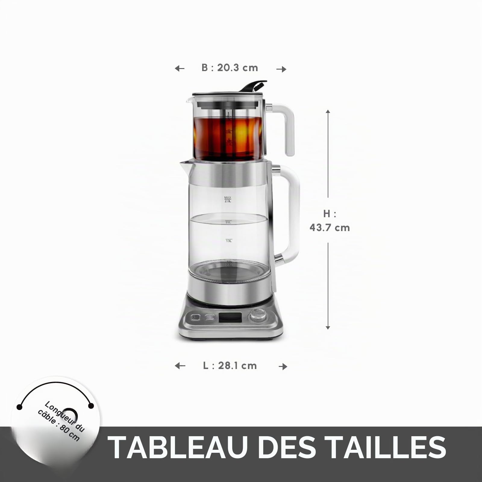 Karaca X Refika XL - Théière automatique et caydanlik - Bouilloire de 2 l et théière en verre de 0,8 l - Multi-température - Mode Eco - 2200 W - Pour famille et invités - Chromé