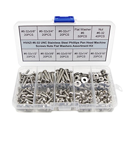 Hvazi #6-32 Unc Stainless Steel Phillips Pan Head Machine Screws Nuts Flat Washers Assortment Kit #TOP1