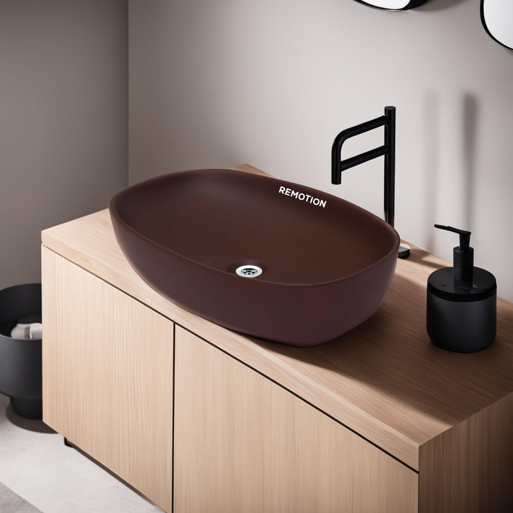 REMOTION Ceramic Table Top Wash Basin Vessel Sink Over Counter | Counter Top Design Wash Basin For Bathroom & Living Room (Brown, 24 X 15 X 5 Inch) (B0C68WVJ1H) Amazon Price History, Amazon Price Tracker