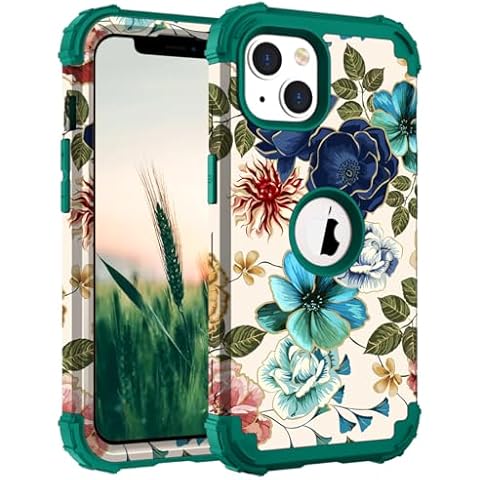 Hocase for iPhone 14 Case/iPhone 13 Case, Heavy Duty Shockproof Protection Soft Silicone Rubber+Hard Plastic Bumpers Hybrid Protective Case for iPhone 13/14 (6.1") - Teal Flowers Cover