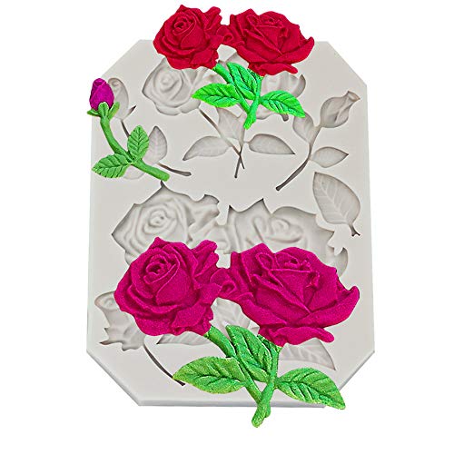 Rose Fondant Mold, Rose Flower with Leaf Silicone Mold upcake Topper,Polymer Clay,Candy Mold for Cake Decoration,Chocolate Mold, Sugar Crafts Mold