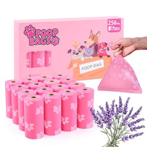 Ninsetinsoe Poop Bags Rolls 256 Count - 9x13 Inches Pink Thickened Leakproof Lavender scent Poo Bags for Dogs Eco-Friendly Pet Waste Bags for Walking Home Travel